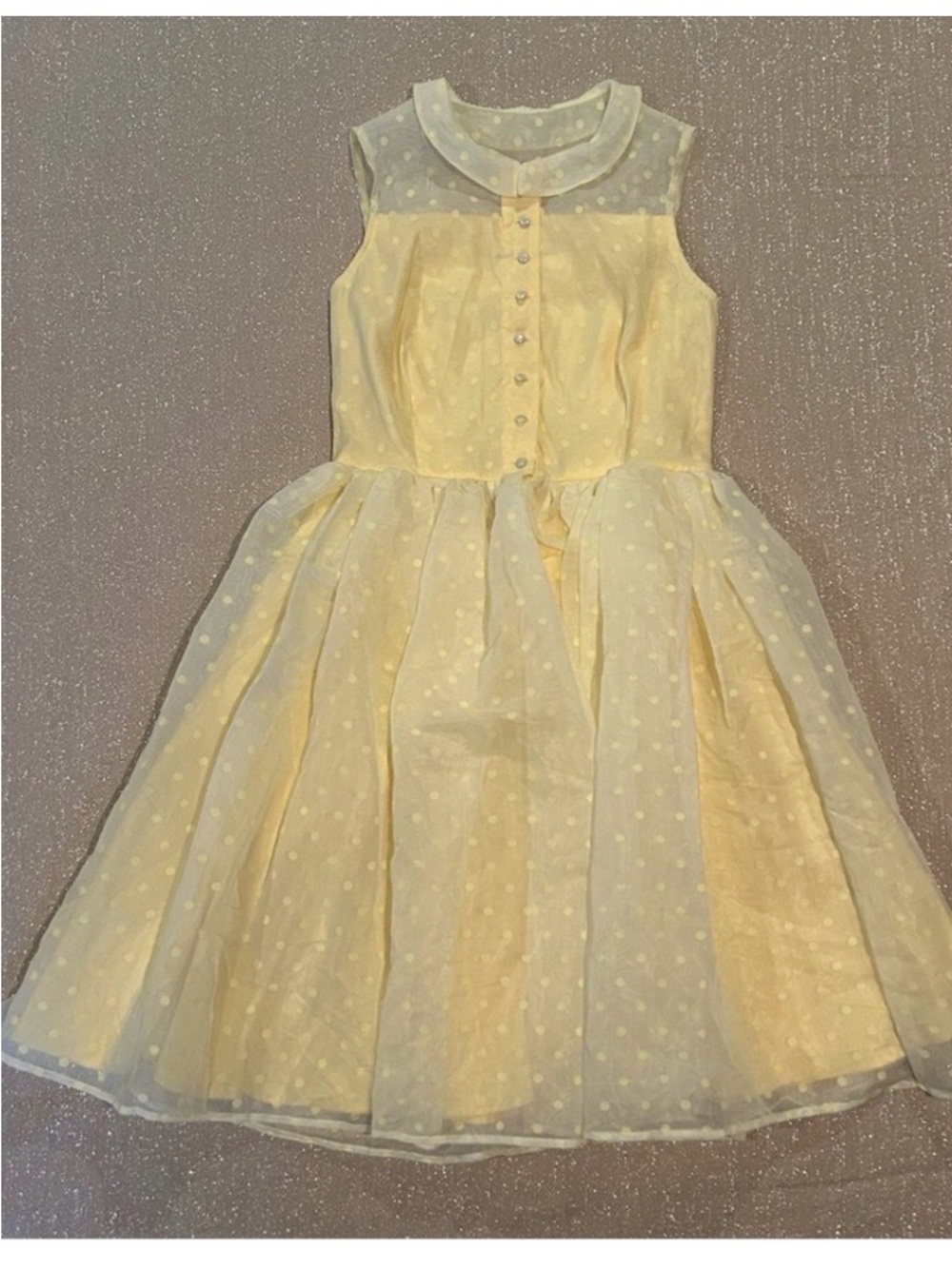 Unique Vintage Pale Yellow Polka Dot Sleeveless Fit-and-Flare Dress